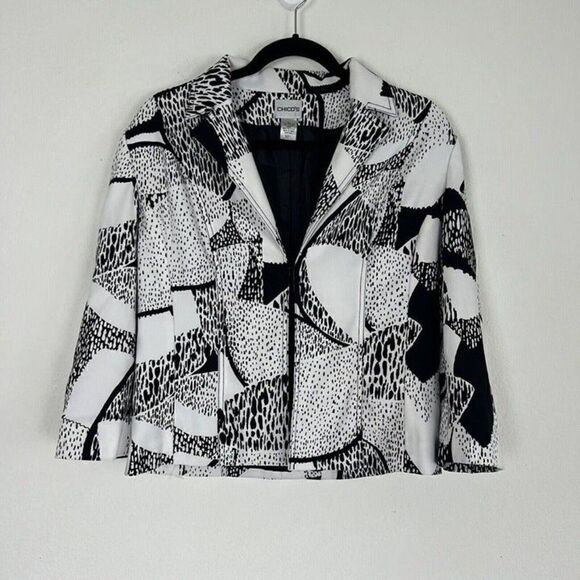 Chicos Women Size 1 White & Black Polkadot Patchwork Jacket Coat Blazer NWOT - Picture 1 of 11